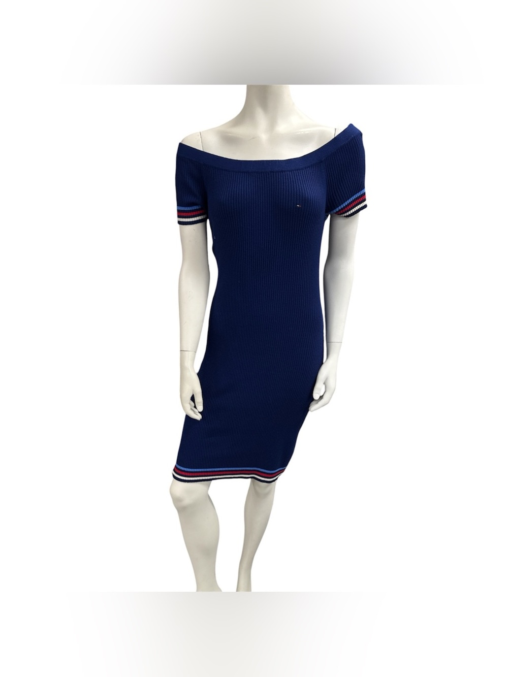 Tommy Hilfiger Navy One-Shoulder Ribbed Dress with Stripe Trim Size L